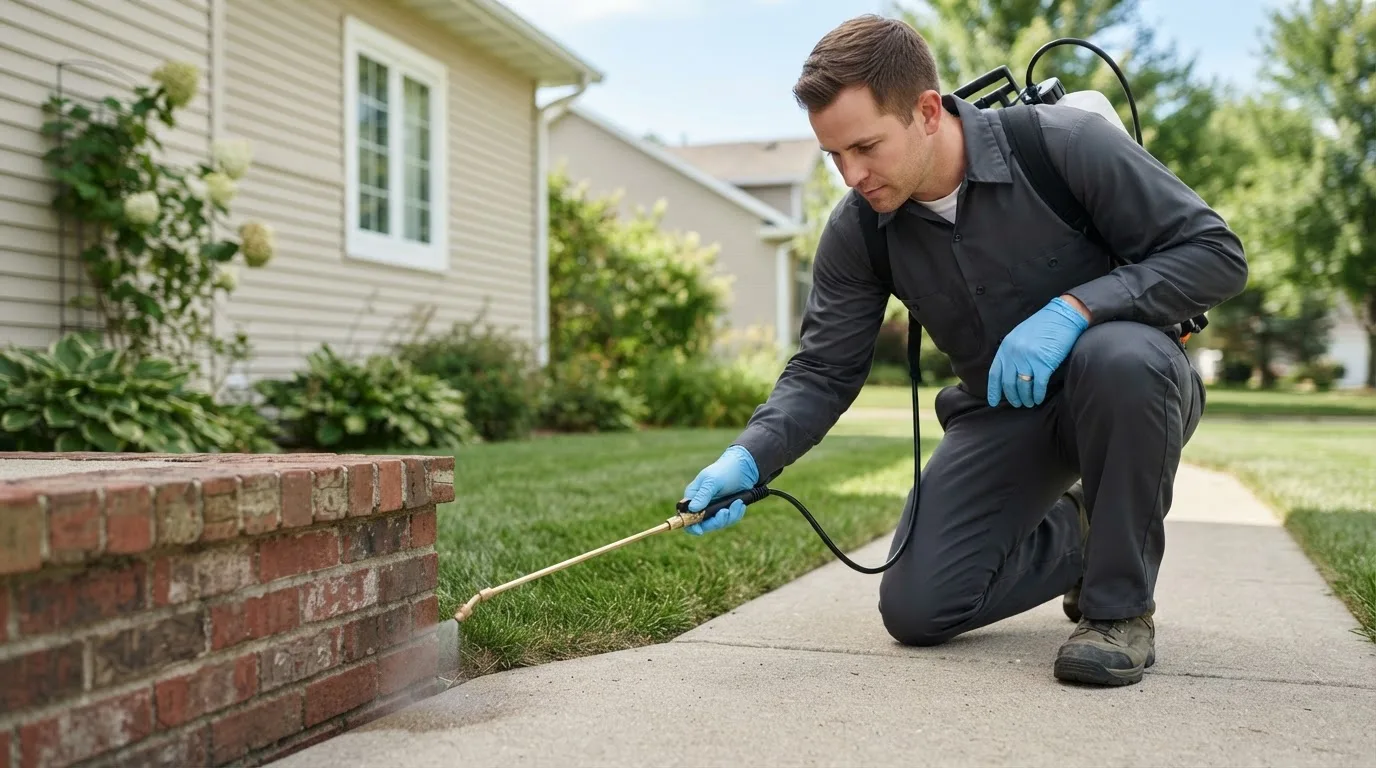 Pest control technician treating a home near Monroe, VA